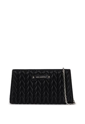 Black leather clutch with quilted, braided texture. Features a silver chain strap and a silver logo plate embossed on the front.