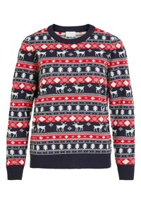 Stickad tröja med marinblå botten, utrustad med geometriska mönster i röd, vit och svart, renar och träd. Ribbad halsringning och mudd.