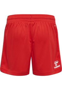 Rode sportieve shorts van lichtgewicht materiaal, met een elastische tailleband en een wit logo aan de onderkant van de linkerkant.