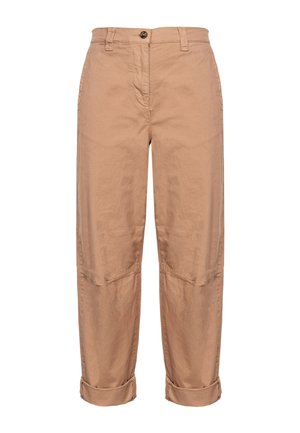 Pantalones de algodón en marrón claro con puños enrollados, con cierre de botón, bolsillos frontales y un diseño de corte relajado.