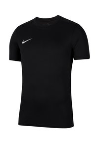 T-shirt Nike noir à manches courtes en tissu lisse ; présente un logo blanc sur la poitrine ; coupe ajustée avec col rond.