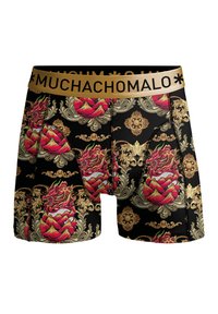 Črne bokserice z ornate zlato-rdečim cvetličnim in zmajevim vzorcem, z zlatim elastičnim pasom, na katerem je napis "MUCHACHOMALO."