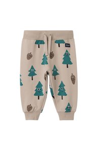 Beige joggingbroek met patronen van dennenbomen en dennenappels in turquoise, elastische tailleband en trekkoorddetail. Zacht katoenen materiaal met geribbelde boorden.