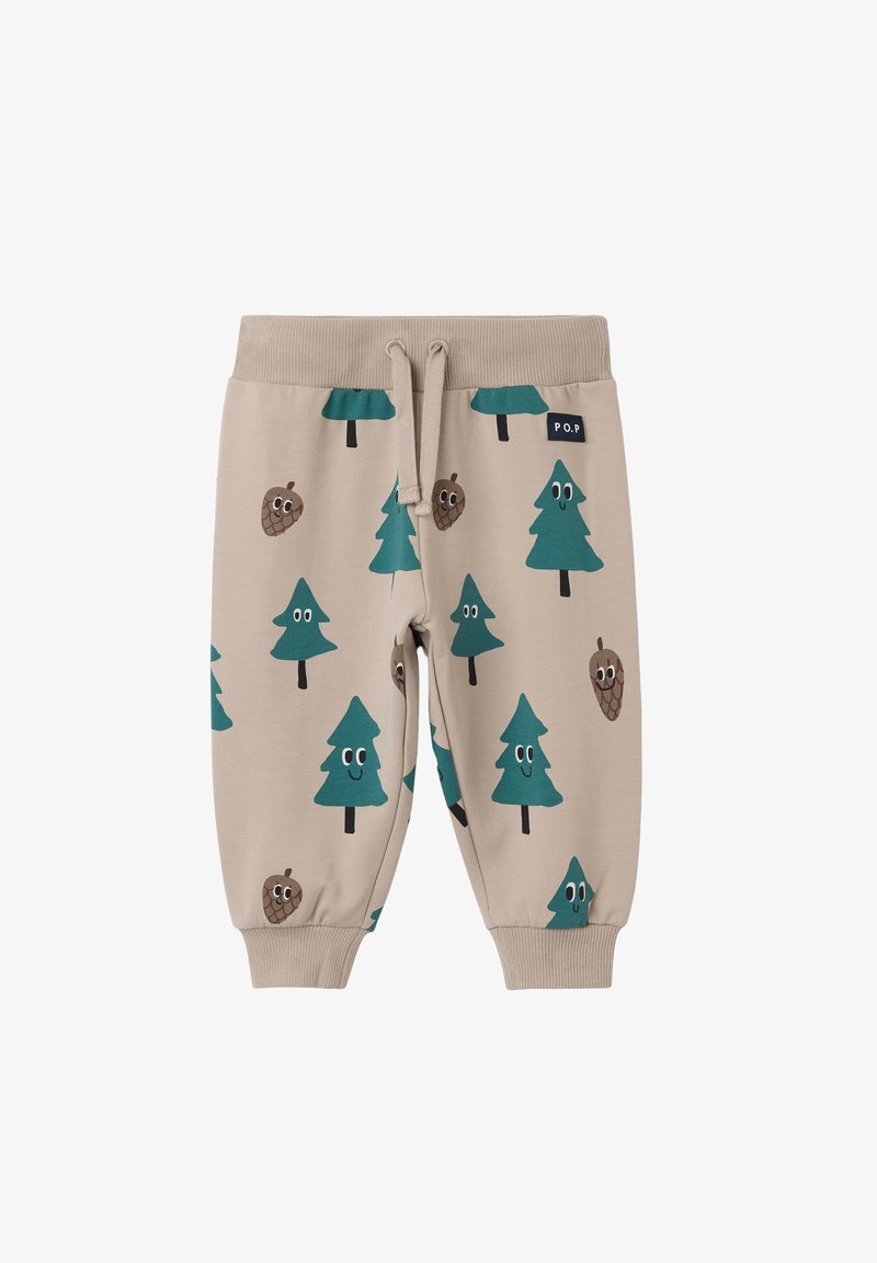 Beige joggingbroek met patronen van dennenbomen en dennenappels in turquoise, elastische tailleband en trekkoorddetail. Zacht katoenen materiaal met geribbelde boorden.