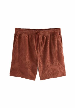 Costume da bagno color ruggine realizzato in tessuto strutturato, con motivo floreale in rilievo, vita elasticizzata e coulisse.