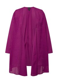 Průsvitný fialový kimono s texturovaným cik-cak vzorem, otevřeným předním dílem a dlouhými rukávy. Lehká látka volně splývá.