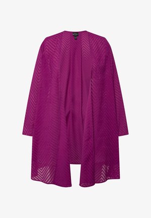 Kimono viola trasparente con un motivo zigzag testurizzato, apertura frontale e maniche lunghe. Tessuto leggero che si drappeggia in modo morbido.