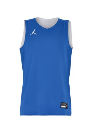 Maillot de basket-ball bleu sans manches avec doublure intérieure blanche, petit logo Jumpman blanc sur la poitrine et étiquette de taille noire près de l'ourlet.