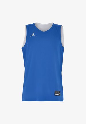 Canotta da basket blu senza maniche con fodera interna bianca, piccolo logo Jumpman bianco sul petto e etichetta della taglia nera vicino all’orlo.