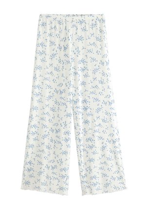 Pantalon blanc à jambes larges en maille côtelée avec petit imprimé floral bleu et taille élastique, avec des ourlets en forme de coquille.