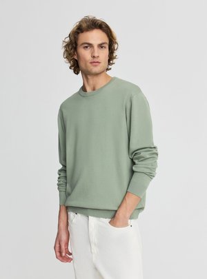 Giovane uomo con capelli ricci che indossa un maglione verde salvia e pantaloni bianchi, in piedi davanti a uno sfondo grigio chiaro uniforme.