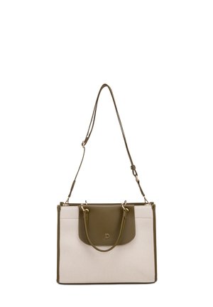 Beige en olijfgroene rechthoekige tote bag met dubbele handvatten, afneembare schouderriem en voorvak met klep met een klein "D" letterembleem.