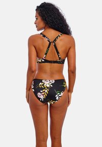 Black floral bikini set with multi-colored floral patterns, adjustable straps, and a clasp closure at the back. Soft fabric with a smooth texture.