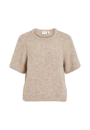 Beige strikket kortærmet sweater med rund halsudskæring, blød tekstur og afslappet pasform. Diskret meleret mønster gennem hele stoffet.