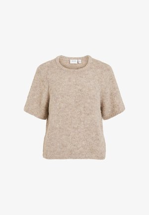 Jersey beige de punto con mangas cortas, escote redondo, textura suave y ajuste relajado. Patrón sutil de motas en toda la tela.