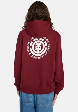 Maroon hooded sweatshirt with a white circular graphic featuring elemental symbols on the back. Soft fabric, loose fit, and ribbed cuffs.