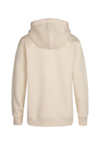 Felpa con cappuccio crema a maniche lunghe, realizzata in tessuto morbido, con tasca a marsupio, polsini a costine e una vestibilità comoda.