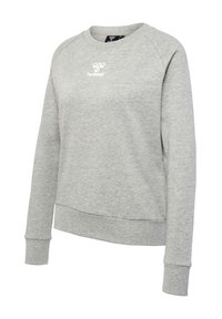 Lichtgrijze trui met lange mouwen en ronde hals, met wit Hummel-logo op de borst, geribbelde manchetten en zoom, en raglanmouwen.