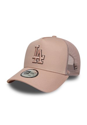 Gorra de béisbol beige ajustable con paneles traseros de malla y logotipo "LA" bordado en relieve en la parte frontal, emblema New Era en la parte trasera y pegatina en la visera.