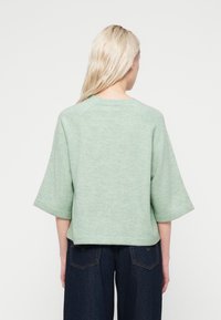 Pull vert clair à manches courtes, coupe décontractée, en matière douce. Encolure arrondie et design simple avec des détails minimaux.