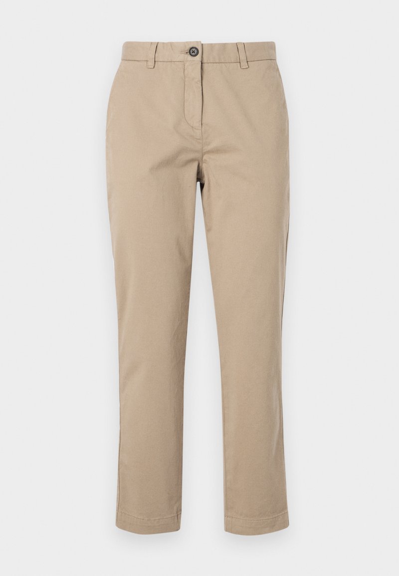 Beige Chinos aus Baumwolle, mit geradem Bein, Reißverschluss und einem Knopfverschluss. Glatte Textur, ohne Muster.