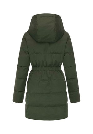 Groene poffere coat met een capuchon, voorzien van een gesnoerde taille, doorgestikte ontwerp en lange mouwen. Gemaakt van lichte, gestructureerde stof.