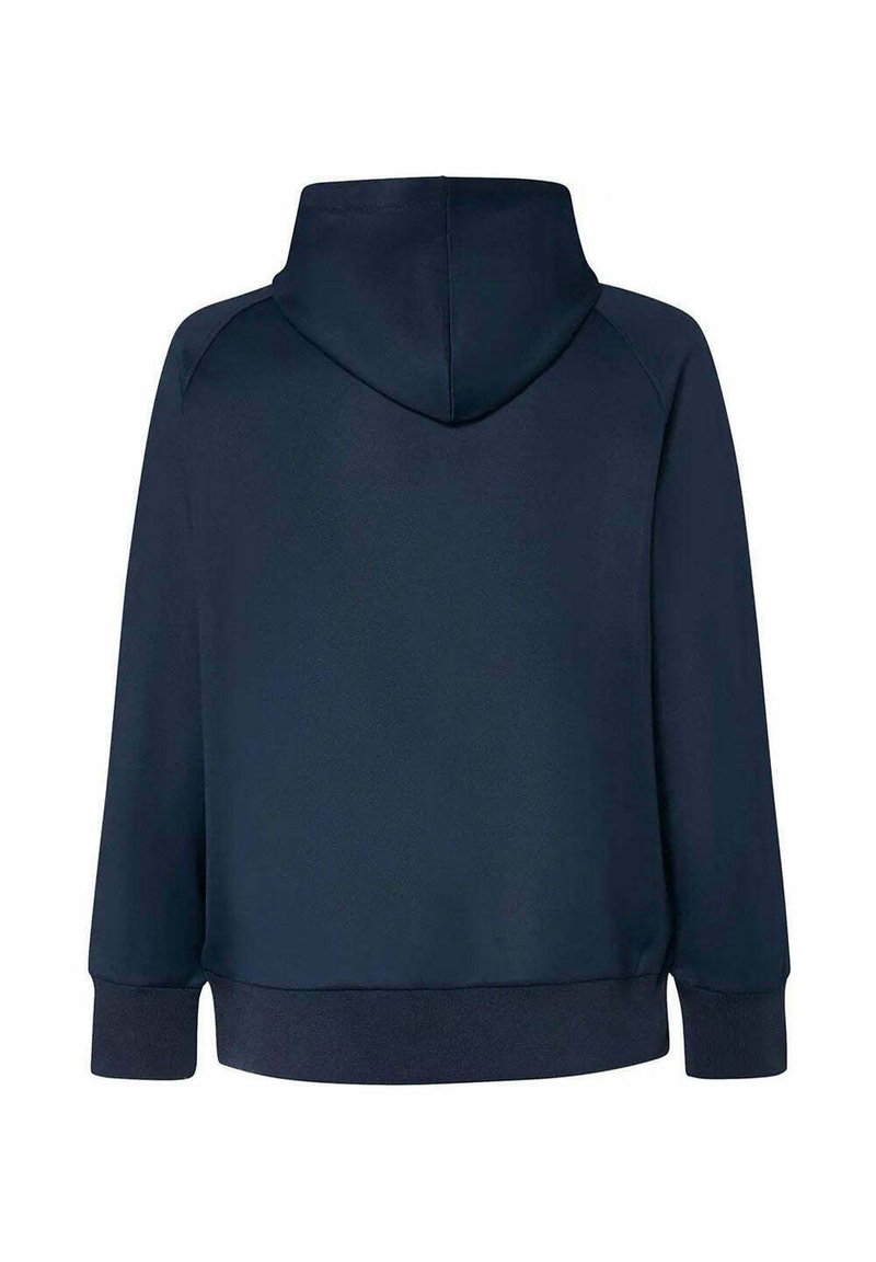 Marineblaue Kapuzenjacke aus strukturiertem Gewebe, mit einer Kordelzugkapuze, Raglanärmeln und gerippten Bündchen und Saum.