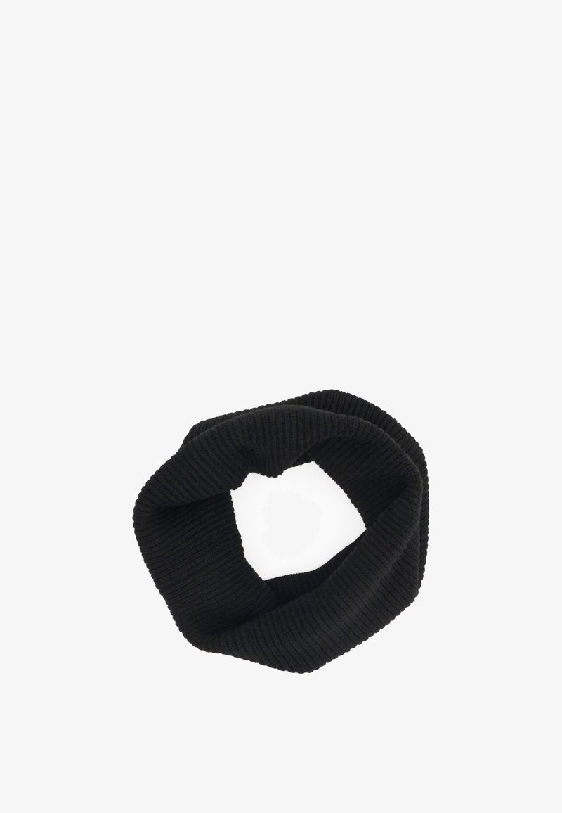 Écharpe infinie en maille côtelée noire, pliée en forme circulaire sur fond blanc.