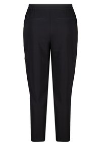 Zwarte broek met elastische tailleband, taps toelopende pijpen en twee achterzakken. Gladde stof met een strak, eenvoudig ontwerp zonder zichtbare patronen.