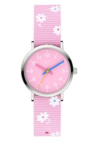Armbanduhr mit einem pinkfarbenen, floral gemusterten Stoffarmband, rundem silberfarbenem Gehäuse, pinkem Zifferblatt und bunten Stunden- und Minutenzeigern in Blau und Gelb.
