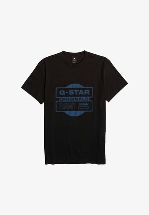 Zwarte katoen t-shirt met een blauwe graphic print met de tekst "G-STAR ORIGINALS RAW DENIM" en een circulair ontwerp, korte mouwen, ronde hals.