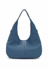 Borsa hobo in pelle blu con forma curva, finitura testurizzata e cuciture a contrasto. Presenta una singola tracolla ampia per indossarla sulla spalla.