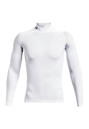Langärmliges, weißes Sportshirt aus glattem Material mit hohem Kragen, tailliertem Schnitt und tonal gehaltenen Nähten. Verfügt über ein kleines Logo am Kragen.