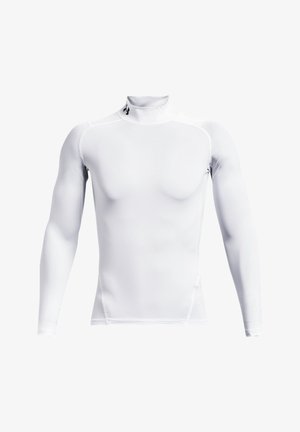 Maglietta sportiva a maniche lunghe di colore bianco realizzata in tessuto morbido, con un collo alto e un design aderente. Presenta un piccolo logo sul colletto.