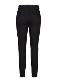 Zwarte denim skinny jeans met een middelhoge taille, vijf zakken en een gladde textuur. De achterkant heeft een klassiek gestikt ontwerp.