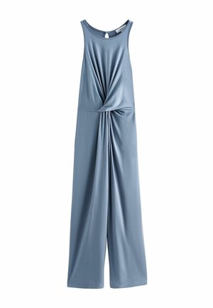 Ärmelloser blauer Jumpsuit mit rundem Ausschnitt, vorne gedrehtem Knoten-Detail, weiten Beinen und Rückenverschluss mit Knopfloch.