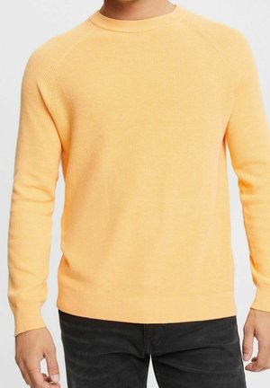 Hellorange gestreifter Strickpullover mit rundem Halsausschnitt und langen Ärmeln, kombiniert mit dunklen Jeans. Keine sichtbaren Logos oder Muster.