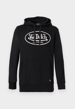 Must kapuutsiga dressipluus ees tasku ja valge Von Dushi California logo rinnal keskel, reguleeritava nööriga kapuutsiga.