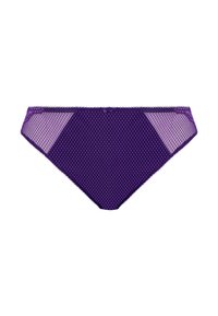 Paarse fishnet bikini onderkant met een diamantpatroon, voorzien van doorzichtige gaassecties en een geschulpte tailleband.