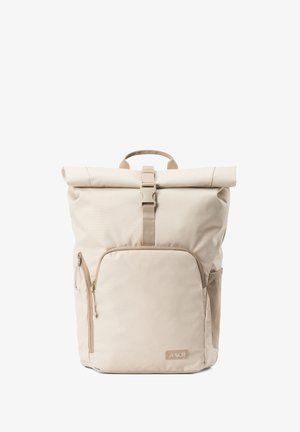 Beige roll-top backpack with a sturdy handle, front zip pocket, side mesh pocket, and adjustable strap. Made of water-resistant fabric.