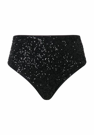 Zwarte hooggesneden bikini onderkant versierd met verspreidde zwarte pailletten, met een zachte textuur en gestructureerde vorm.