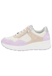 Sporty shoe featuring a mix of textured white fabric, beige suede, and light purple accents. Includes a side zip and a thick white sole.
