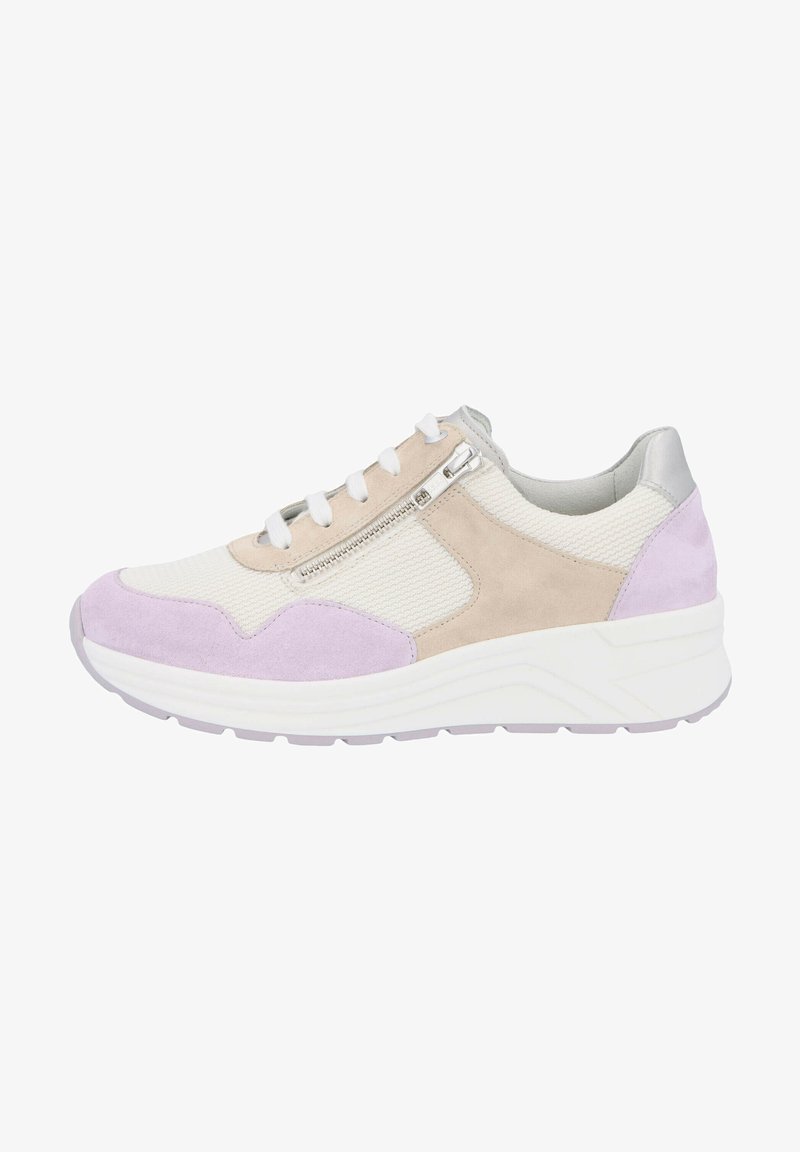 Sporty shoe featuring a mix of textured white fabric, beige suede, and light purple accents. Includes a side zip and a thick white sole.