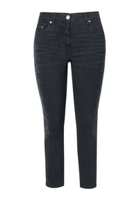 Jeans de mezclilla negra con un diseño ajustado, que presentan un sutil patrón de brillo en los laterales y un estilo clásico de cinco bolsillos con cierre de botón.