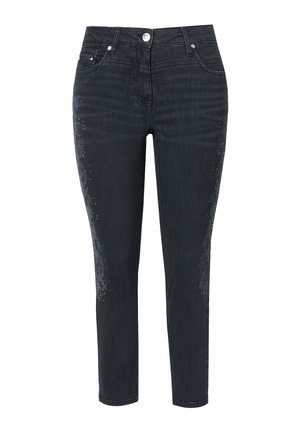 Schwarze Denim-Jeans mit einer taillierten Passform, die ein dezentes Funkelmuster an den Seiten aufweisen und im klassischen Fünf-Taschen-Stil mit einem Knopfverschluss ausgestattet sind.