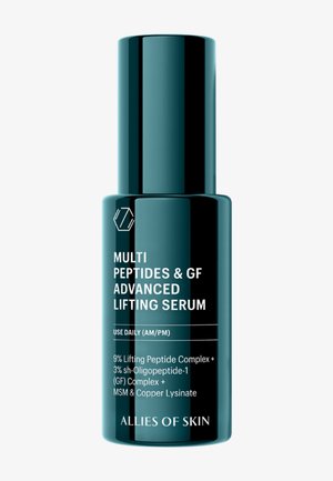 Flacon bleu sarcelle foncé de Multi Peptides and GF Advanced Lifting Serum par Allies of Skin avec un texte détaillé des ingrédients à l'avant.