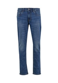 Blauwe denim spijkerbroek met een rechte pijpdesign, vijf zakken en subtiele vervaging. Voorzien van een knoop- en ritssluiting in de taille.