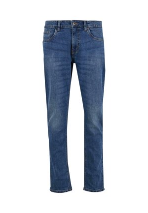 Jean en denim bleu avec une coupe droite, cinq poches et un léger effet délavé. Dispose d'un bouton et d'une fermeture éclair à la taille.