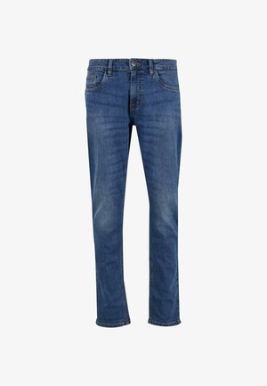 Blaue Jeans aus Denim mit geradem Bein-Design, fünf Taschen und subtiler Ausbleichung. Sie verfügen über einen Knopf- und Reißverschlussverschluss in der Taille.