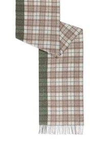 Karoschal aus einem weichen Stoff in Weiß, Braun und Grüntönen, mit fransigen Kanten und einer kontrastierenden einfarbigen grünen Seite.